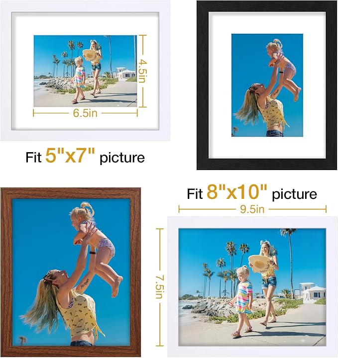 Vittanly 8x10 Picture Frames Set of 9, Black&Walnut Brown&White | Display Pictures 5x7 with Mat or 8x10 without Mat, Small Photo Frames, Engineered Wood with Shatter Resistant Plexiglass