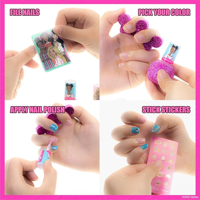 Barbie Makeup Filled Backpack Set, Including Lip Balm, Nail Polish, Nail File, Hair Bows Ages 3+ for Parties, Sleepovers Makeovers, by Townley Girl