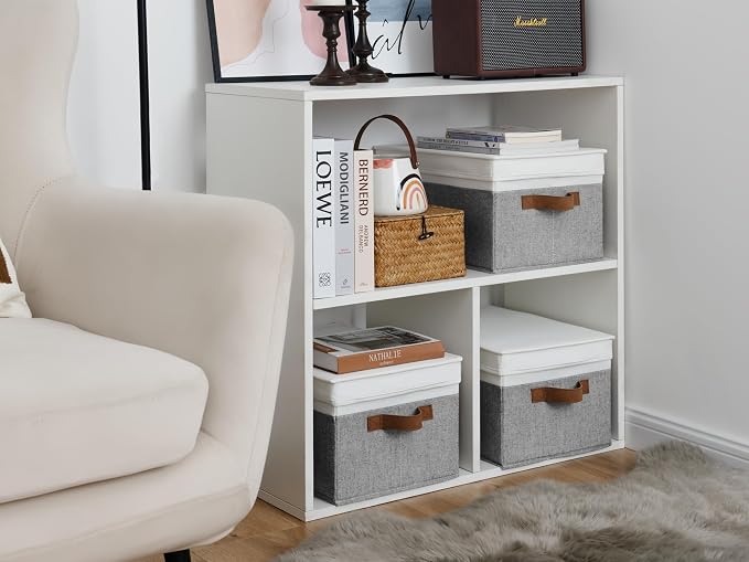 StorageWorks Fabric Storage Bins with Lids, Closet Storage Bins | Lidded Dust-proof, Easy Pull Handles, Foldable, Stackable, Ideal for Clothes Blanket Towel, Large, Gray and White, 3-Pack