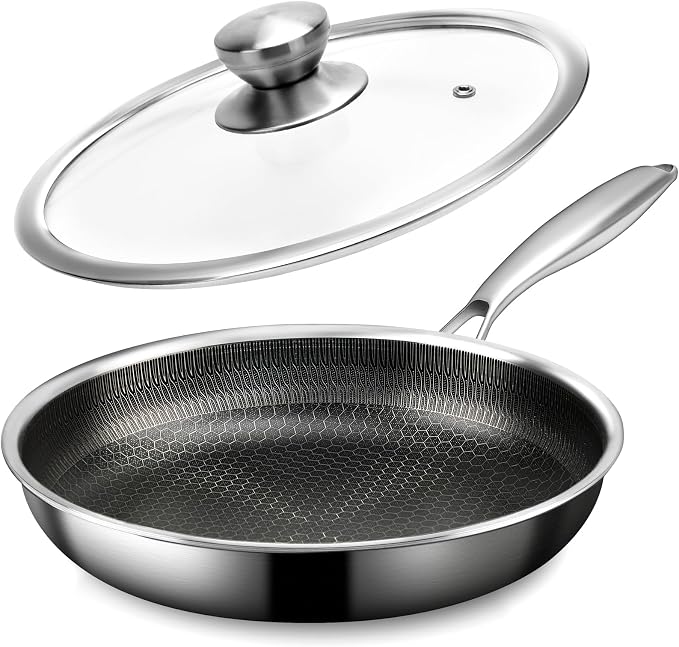 Stainless Steel Frying Pan with Lid - 9.5 Inch Nonstick Frying Pan with Lid, Honeycomb Stainless Steel Skillet Omelet Chef's Pan with Stay Cool Handle, Induction Compatible, PFOA Free | Honeycomb Hybrid Nonstick Skillet, Induction & Oven Safe, Stay-Coo...