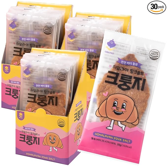 Korean Food Flat Croissant, Himalayan Pink Salt, Crispy Butter, 30 Pack | Crispy layered croissant snack with Himalayan pink salt and rich butter flavor