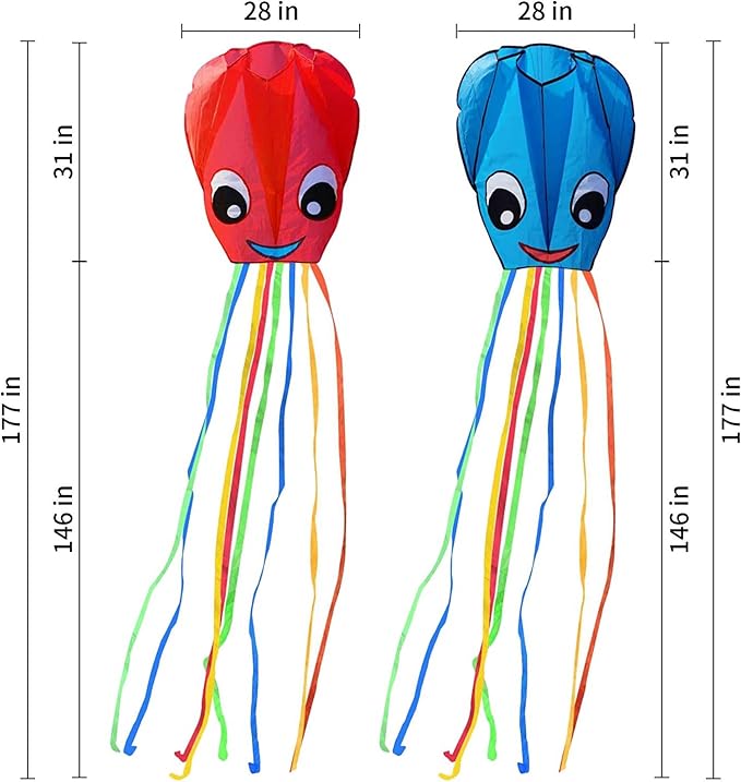 2-Pack New Upgraded Smiley Large Octopus Kites, Easy to Fly Long Colorful Tail Kites for Kids Adults Outdoor Activities Beach Park Trip, Great Gift for Children Childhood Precious Memories