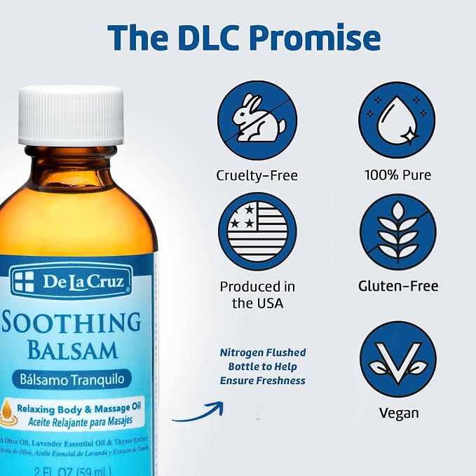 De La Cruz Soothing Balsam/Bálsamo Tranquilo Massage Oil, No Artificial Colors, Fragrances or Preservatives, Made in USA 2 FL. OZ.
