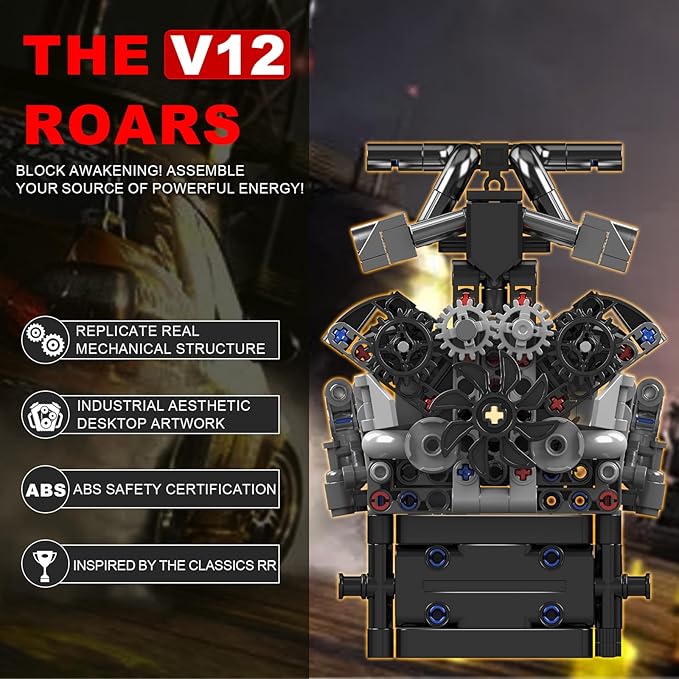 Sosuy RR V12 Motorized Engine Building Block Kit, Electric Motor Drive, Ultra‑Realistic Working Replica Model 733Pcs, STEM Educational Engines Toy Birthday Christmas for Boy Kid Adult 14+
