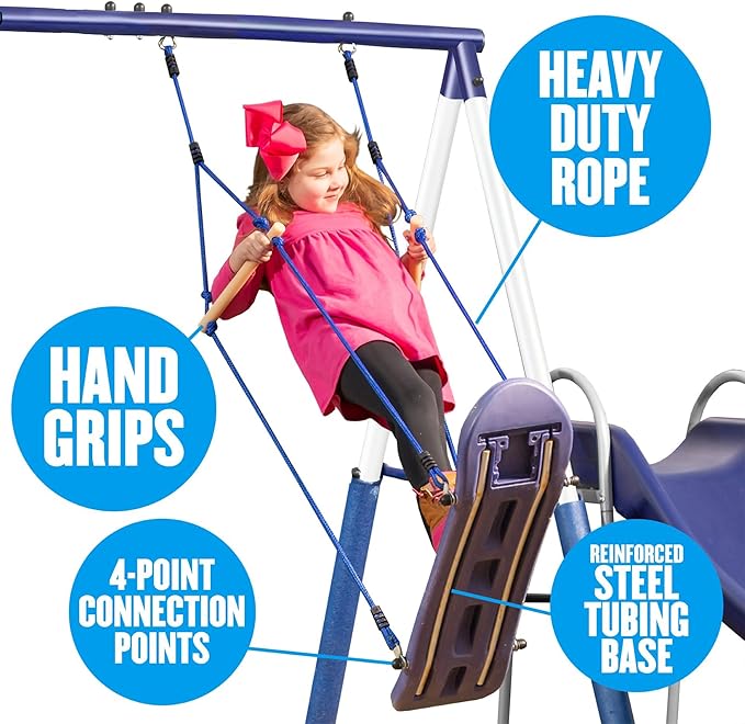 XDP Recreation Surf N Swing Painted Steel 5 Station Kids Outdoor Backyard Swing and Play Set with Wave Slide, Foam Leg Guards, and Hardware, Blue