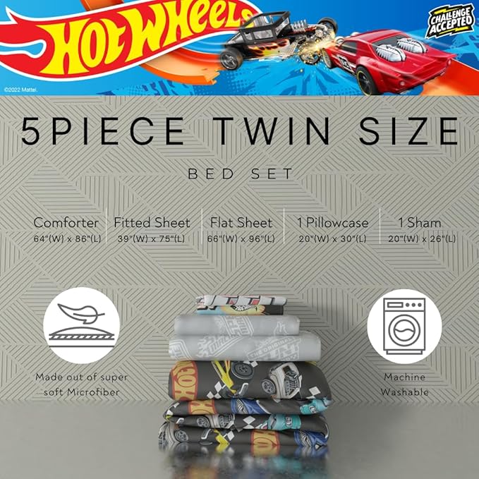 Hot Wheels Kids Bedding Super Soft Comforter and Sheet Set with Sham, 5 Piece Twin Size, (Officially Licensed Product) By Franco
