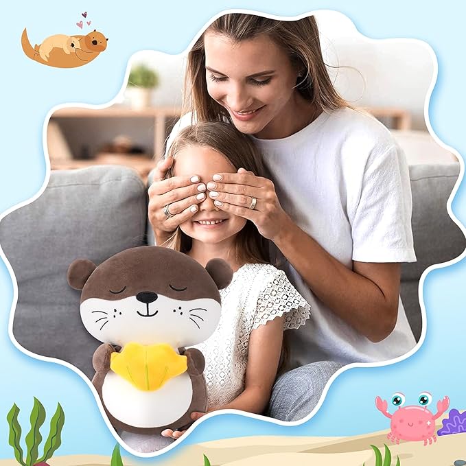 Achwishap Otter Stuffed Animal,Soft Otter Plush-14” Kawaii Birthday Gifts for Kids,Cute Plushies Animal Plush Toys Cuddle Pillow for Girls Boys Adults,Yellow Shell Plushies,Brown
