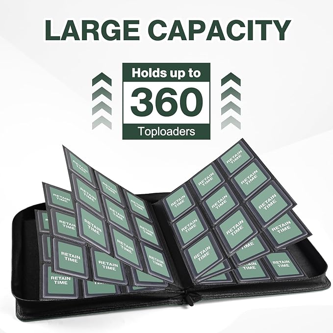 Toploader Binder, Holds 360 Toploaders, 100 Toploaders INCLUDED, 9-Pocket PU Cover Top Loader Binder for 3" x 4" Rigid Toploader, Ringless Double-Sided Toploader Card Binder for TCG, Sport Cards