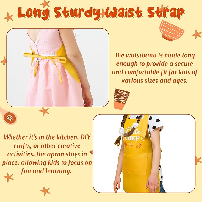 R HORSE Kids Chef Hat and Apron, Adjustable Kids Aprons with Pocket, Yellow Chef Kitchen Apron Girls Boys Kitchen Toddler Aprons for Cooking Baking