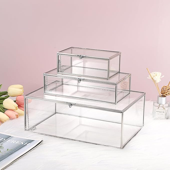 Hipiwe Vintage Glass Box with Lid Clear Jewelry Display Organizer, X-Large | Rectangle Vanity Lidded Boxes Home Decor Accent Silver Decorative Glass Box for Keepsakes Trinket Perfume