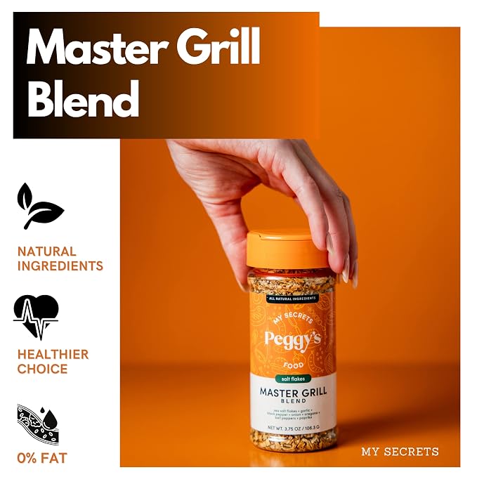 My Secrets Peggy's Food Master Grill Blend - Premium BBQ Seasoning with Sea Salt Flakes, Garlic & Smoked Paprika - Professional Grilling Rub for Steak, Chicken & Veggies - All Natural - 3.75 oz