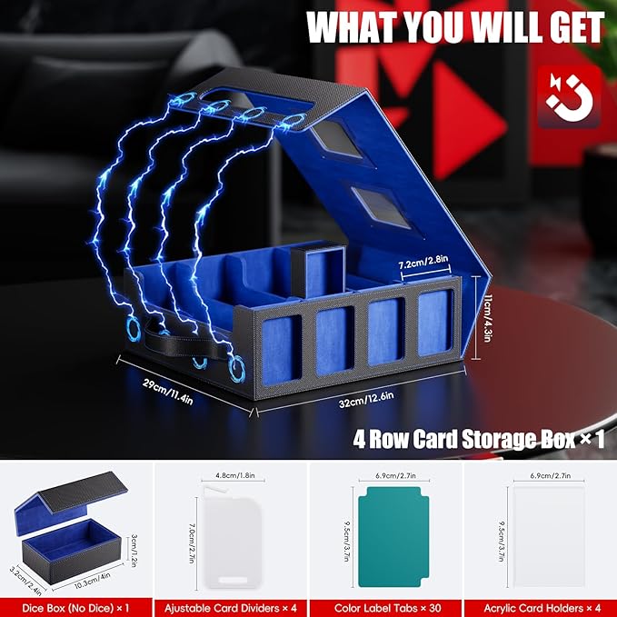 Trading Card Storage Box – 3500+ Magnetic MTG Deck Box with Handle,Commander & Toploader Display, Dice Box,4 Dividers & 30 Color Labels – Fits for TCG,MTG,Yu-Gi-Oh and Sport cards(Black/Blue)