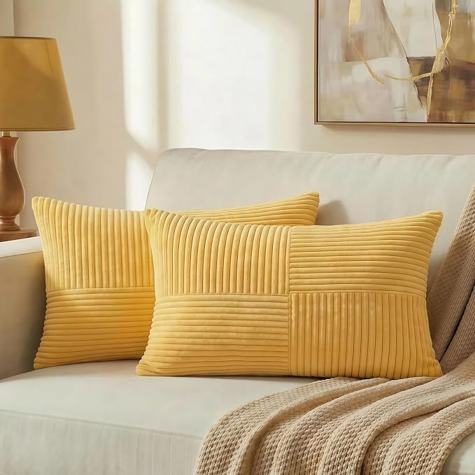 Fancy Homi 2 Packs Yellow Long Lumbar Decorative Throw Pillow Covers 12x24 Inch for Couch Bed Sofa, Rustic Farmhouse Boho Home Decor, Soft Striped Corduroy Rectangle Accent Cushion Case 30x60 cm