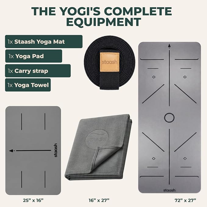 STAASH Premium Yoga Set – PU & Natural Rubber Mat + Towel + Strap + Knee Pad – Non-Slip Grip, Eco-Friendly, Studio Quality