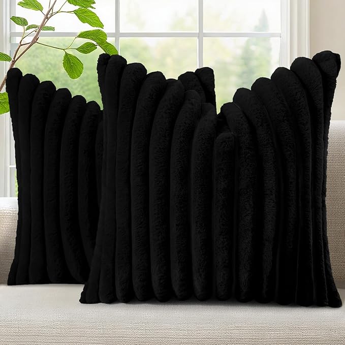 decorUhome Fall Faux Fur Throw Pillow Covers 26x26 Set of 2 Black | Decorative Soft Cozy Striped Plush Modern Farmhouse Boho Couch Pillow Cases Velvet Back for Sofa Bed Living Room Home Decor