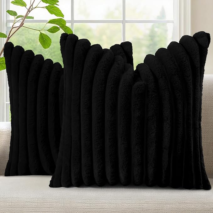 decorUhome Fall Faux Fur Throw Pillow Covers 22x22 Set of 2 Black | Decorative Soft Cozy Striped Plush Modern Farmhouse Boho Couch Pillow Cases Velvet Back for Sofa Bed Living Room Home Decor