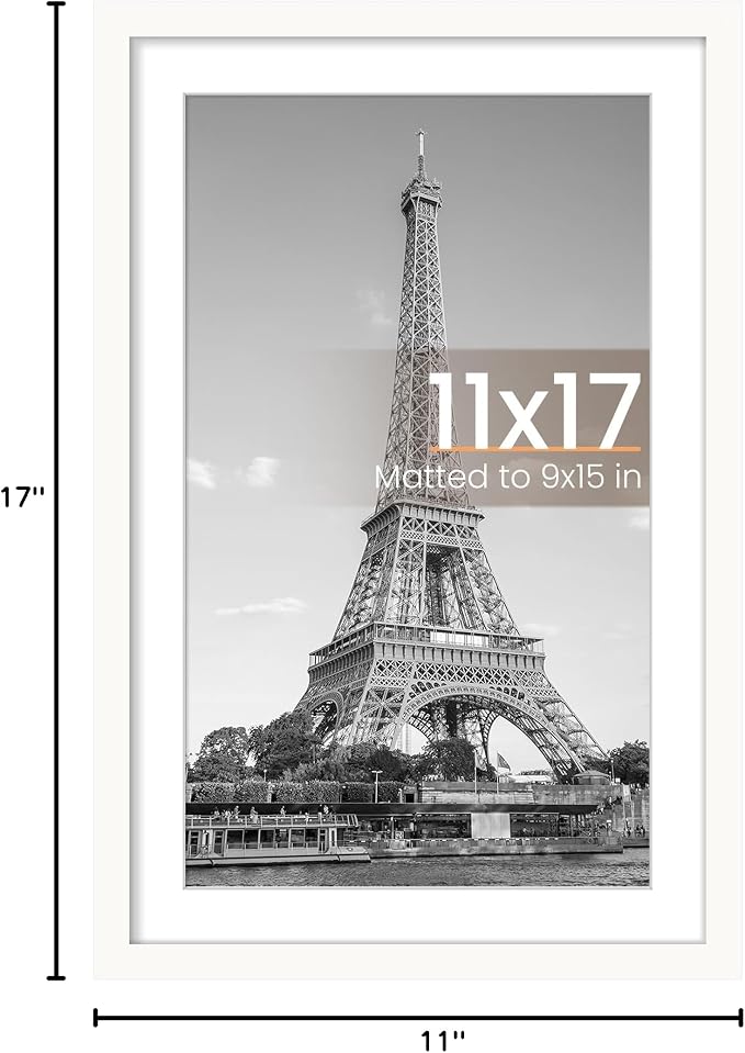 upsimples 11x17 Picture Frame, Display Pictures 9x15 with Mat or 11 x 17 Without, Wall Hanging Poster Frames, White, 1 Pack