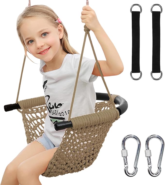Hi-Na Tree Swing for Kids, Adjustable Toddler Rope Swing Seat with Snap Hooks and Straps, 440 lbs Capacity, Swingset Accessories for Indoor Porch Doorway Outdoor Playground Backyard (Khaki)