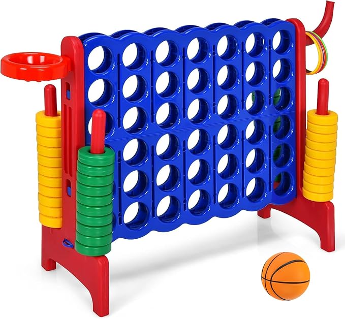 DORTALA Giant 4-in-A-Row, Plastic Jumbo Connect Game Set w/42 Jumbo Rings, Quick-Release Slider, Ring Toss, 2.5Ft Indoor Outdoor 4 to Score Yard Game w/Basketball Hoop