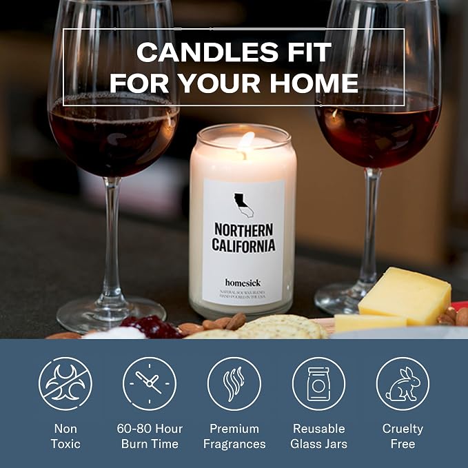 Homesick Scented Candles for Home (California Norcal) - 13.75 oz Long-Lasting Soy Wax Jar Candle for Women & Men for All Occasions, 60-80 Hours Burn Time - Notes of Pear, Vanilla & Amber