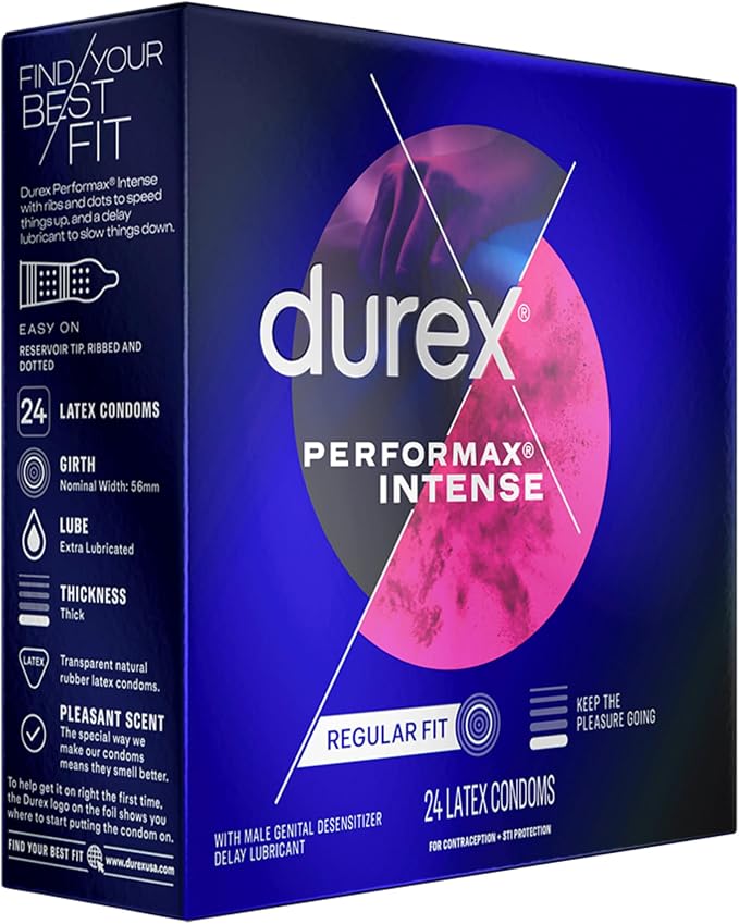 Durex Performax Intense Natural Rubber Latex Condoms, Regular Fit, 24 Count, Contains Desensitizing Lube for Men, (Packaging May Vary) (Pack of 2)