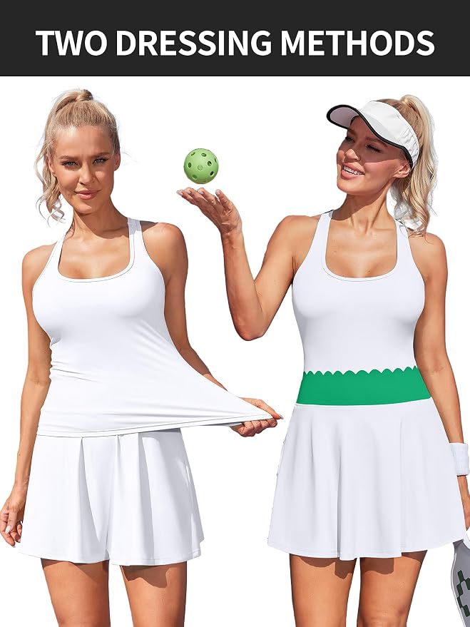 ATTRACO Tennis Outfits for Women Racerback Golf Dress Workout Dress | Athletic Skirt Set, Built-in Shorts, 2 Pockets, Scalloped, Racerback, High Waisted, Pickleball, Workout Set