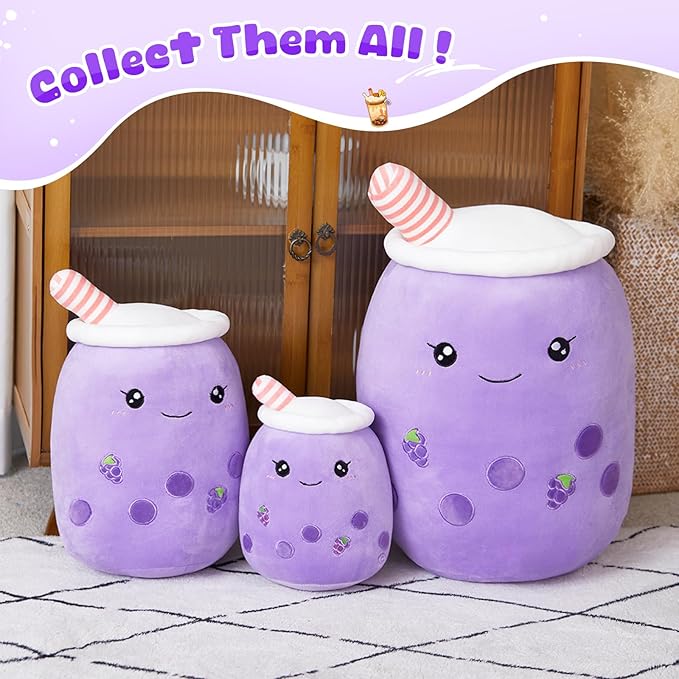 Athoinsu Purple Grape Boba Tea Plush Pillow 20'' Giant Kawaii Stuffed Bubble Animal Toy Birthday Christmas Holiday Valentines Gifts for Kids,Girls,Boys
