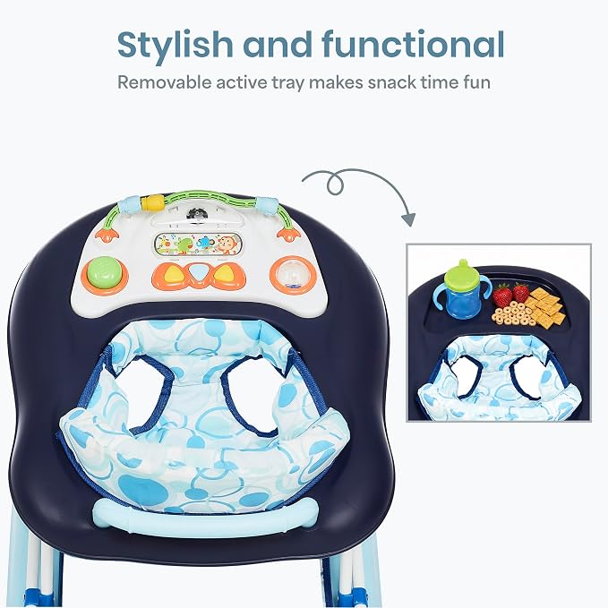 Dream On Me Go-Getter Baby Walker with Rear Push Handle, 2-in-1 Activity Walker and Walk-Behind, 3 Height Adjustments, Easy to Fold, Machine-Washable Seat Pad, Detachable Fun Tray, Blue