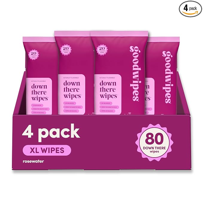 goodwipes Down There Wipes - Flushable Feminine Wipes for Women, pH Balanced for Sensitive Skin, Septic Safe, Feminine Hygiene Essentials, Travel Size - Rosewater, 80 Count (4 Packs of 20)