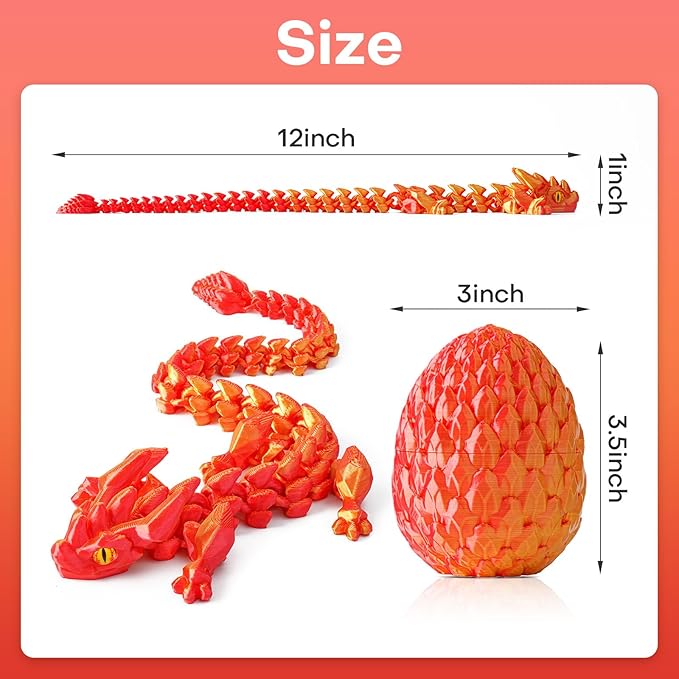 FYEFKJSA 3D Printed Dragon Eggs with Dragon Inside - 12Inch,Articulated Fidget 3D Printed Animals, Interesting Decorative Gift, Easter Basket Essentials Stuffers (Laser Red)