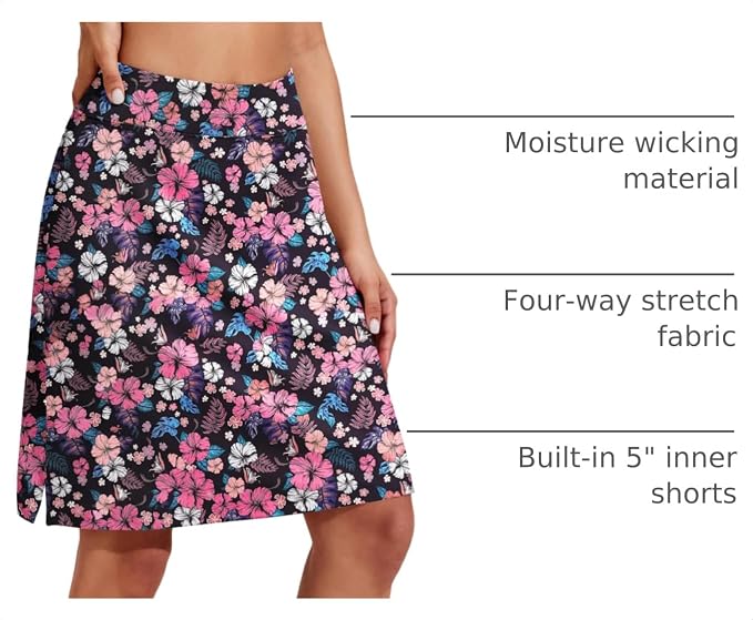 COOrun Women's 20" Knee Length Skirts High Waisted Golf Skorts with Pockets | Soft, Quick Dry, Split Hem, Built-in Shorts, A-line, Modest Skirts, for Golf Athletic Tennis Work Casual