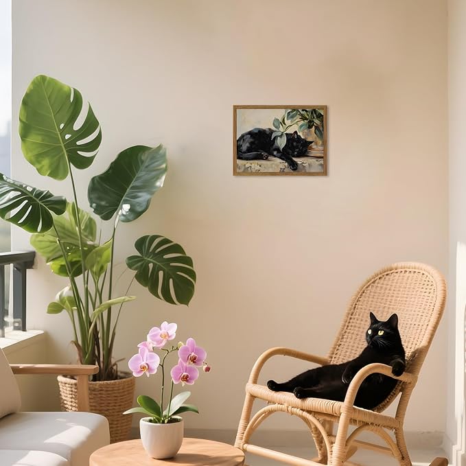 Framed Black Cat Canvas Wall Art, Vintage Sleeping Cat with Plant Picture Wall Decor Paintings, Cute Animal Poster Prints Rustic Aesthetic Home Decor for Living room Bedroom Bathroom 8x10 inch