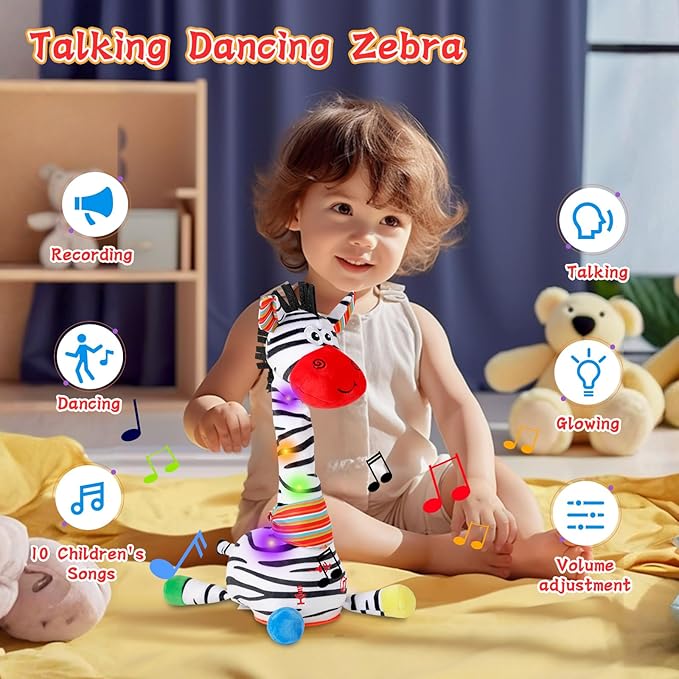 LUKETURE Dancing Talking Zebra Plush, Interactive Stuffed Animal Toy, Musical Plush with Record & Repeat, Sings 10 Songs, LED Lights