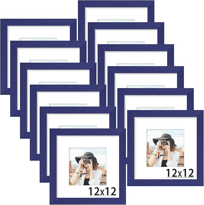Picrit 12x12 Picture Frame Set of 12, Display 8x8 with Mat or 12 x 12 without Mat, Photo Frames for Wall Mounting Display, Navy Blue