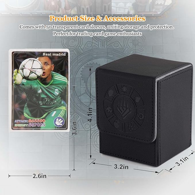 Arkeiliy Card Deck Box, 110+ Storage MTG Deck Box with 50 Pcs Card Sleeve, Collectible Trading Card Cases for Magic Commander and More (Black)