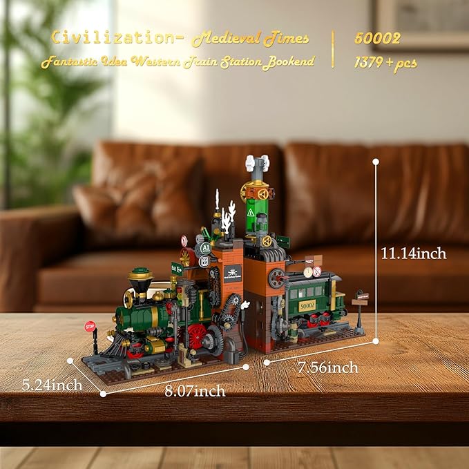 JMBricklayer Steampunk Train Station Building Set - 2 in 1 Train & Bookends Set for Adults, Home Decor & Bookshelf Organizer, Ideal Collectible Model for Boy, Girl, Teen (1379 Pcs)