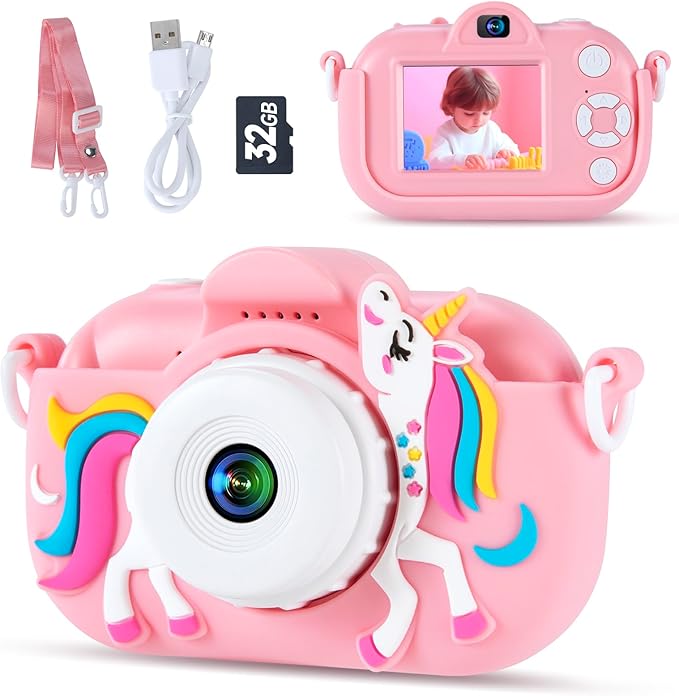Kids Camera Toys for 3-8 Year Old Girls and Boys, Children Digital Camera with Cute Soft Silicone Case, 1080P Video Camcorder Present with 32GB SD Card – Birthday Gift for Kids