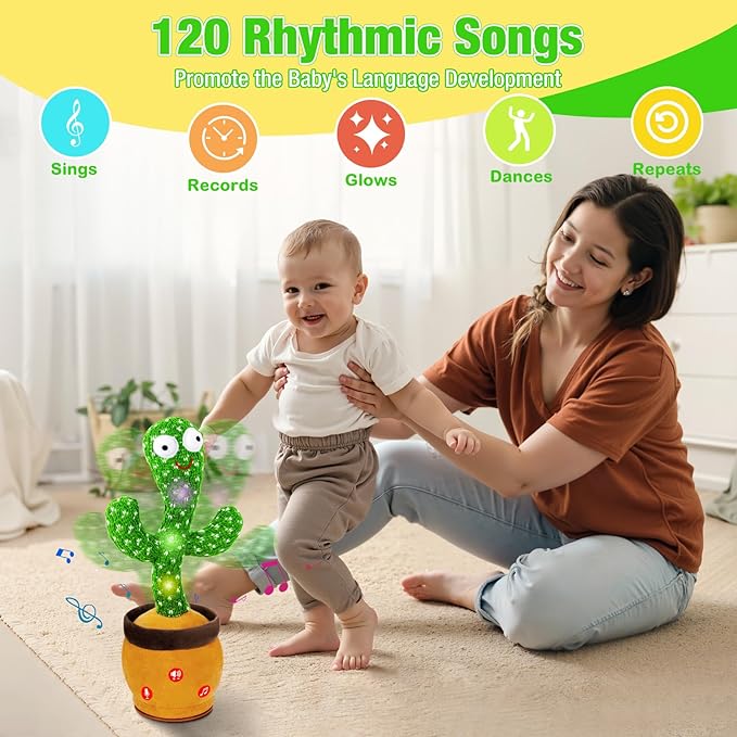 Ayeboovi Baby Toys Dancing Talking Cactus, Mimicking Recording Cactus Toy Repeats What You Say, Volume Adjustable Toddler Toys Singing Cactus with 120 Songs, Tummy Time Toys for Kids Boys Girls