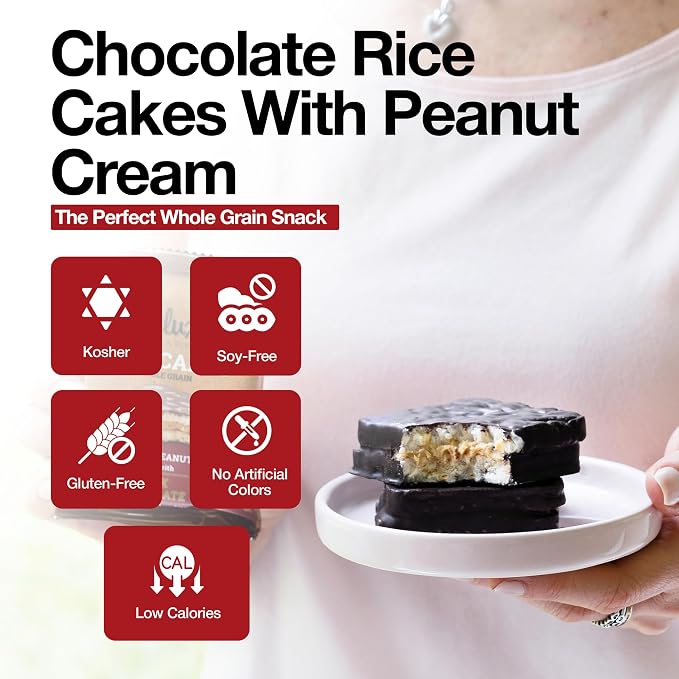 Deluxe & Bla Bla Stuffed Rice Cakes - Whole Grain Chocolate Rice Cake,Gluten Free,Low Calorie,(Alfajor) Kosher Certified - Peanut Filled Rice Cakes coated with Dark Chocolate, 28g Each (12 Pack)