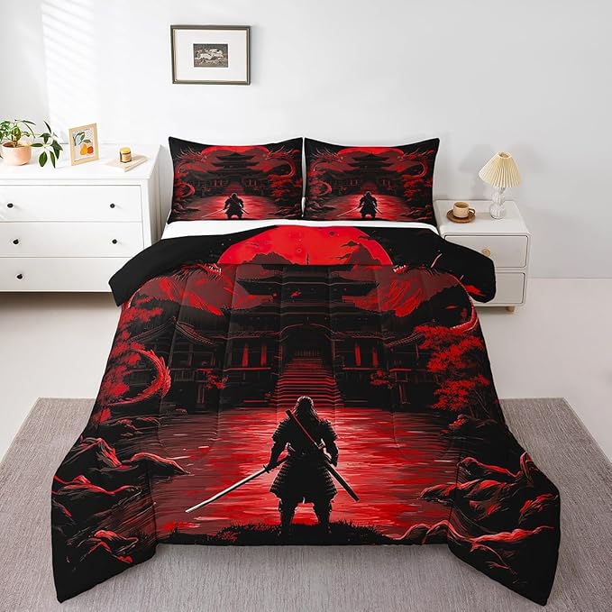 Feelyou Dragon Comforter Set King Size Japanese Style Comforter for Boys Girls Teens Samurai Bedding Set Sunset Duvet Set Room Decor Scarlet Red Quilt Set
