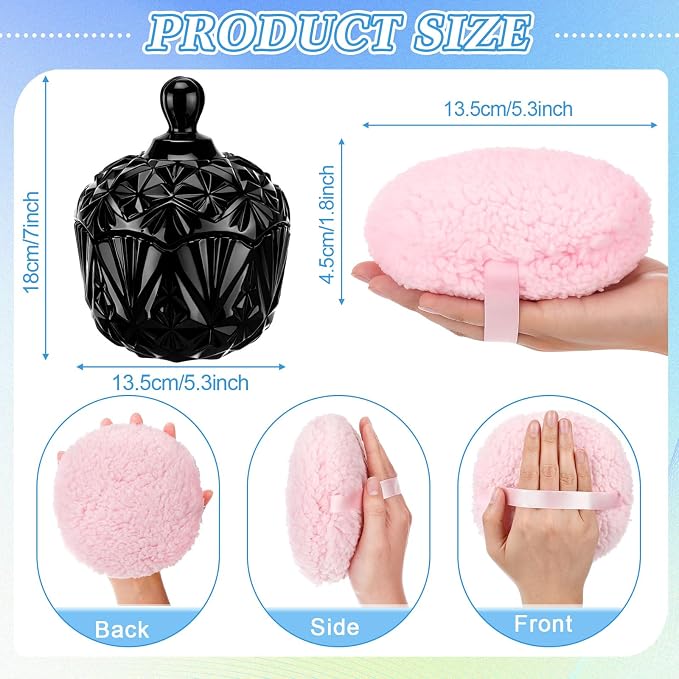 Extra Large Body Powder Puff and Container, 5.3'' Crystal Container with 5.3'' Oversize Dust Powder Puff Washable Reusable Face Body Wet Dry Makeup Gift(Black, Diamond)