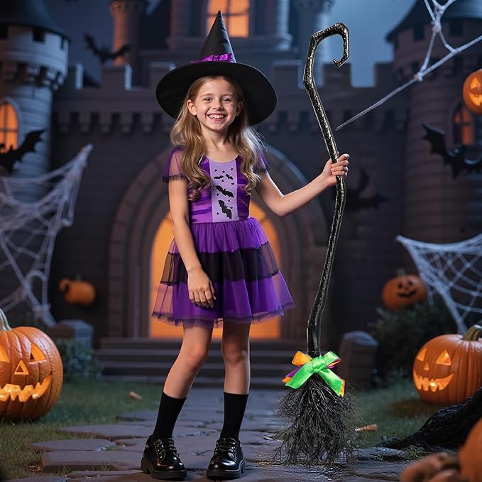 Witches Costume for Girls 3-8 6-12, Halloween Witches Dresses with Broom, Hat for Role Playing, Fairytale Halloween Party Birthday Gifts for Kids Toddlers Girls Age 3-5 5-8 8-12(Large)