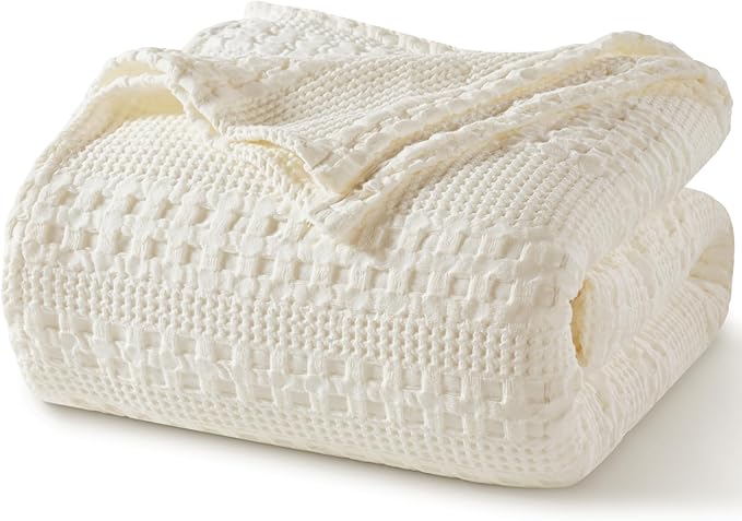 PHF 100% Cotton Waffle Blanket Twin Size, Lightweight Breathable Summer Blanket for Hot Sleepers, Pre-Washed Soft Layer for Bed, Dorm, Couch & Guest Room, Home Decor Gift, 66"x90", Ivory