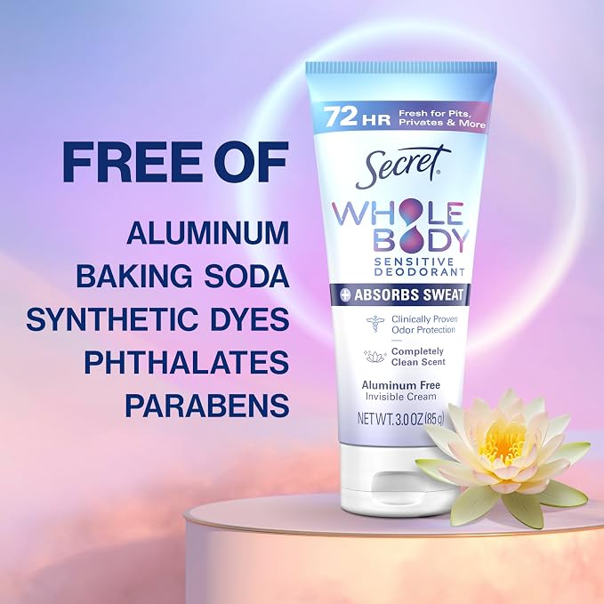 Secret Whole Body Deodorant Dry Feel Cream + Absorbs Sweat for Women, Completely Clean Scent, Aluminum Free Deodorant, 72 HR Odor Protection, 3.0 oz