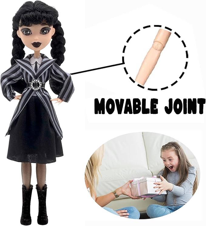 Dumwick 9'' Adams Doll with Gift Box, High Heels, Black Dress, and Hair, Perfect Christmas and Birthdays Toy Gift for Girls & Fans (Braces + Stripes)
