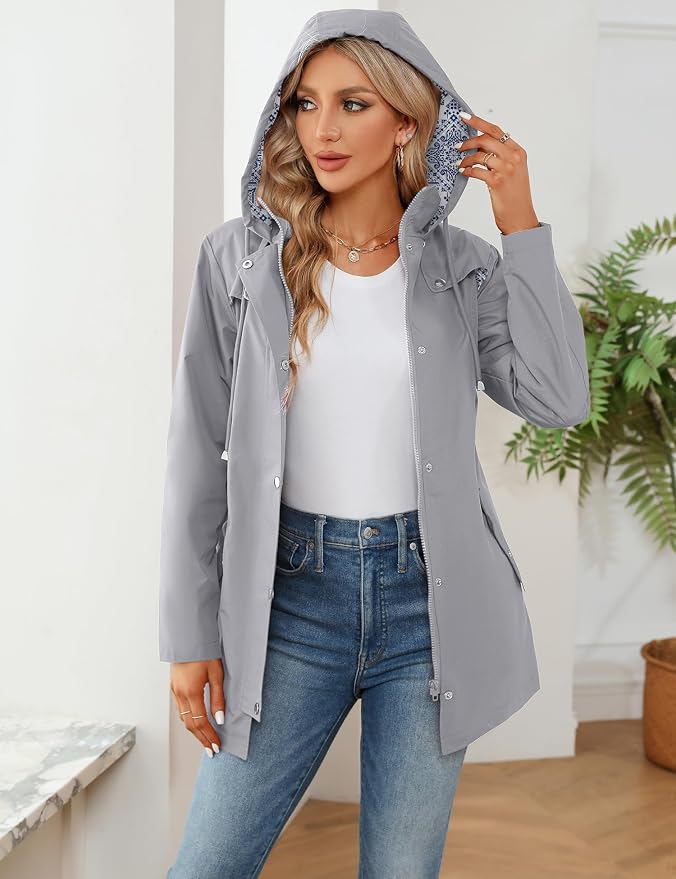 LOMON Women Waterproof Outdoor Hiking Raincoat Women Lined Rain Jacket Lightweight Hooded Jackets Trench Coats