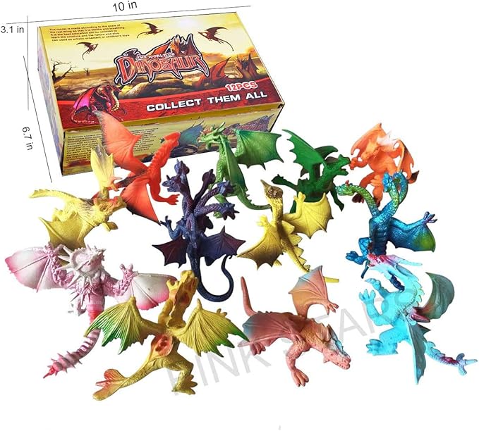 12Piece Dinosaur Model Realistic Flying Dragon Gift Box Toy, 4 inch sci-fi Game Monster Triceratops Pterodactyl Party Gifts Boys Hobbyist Prize