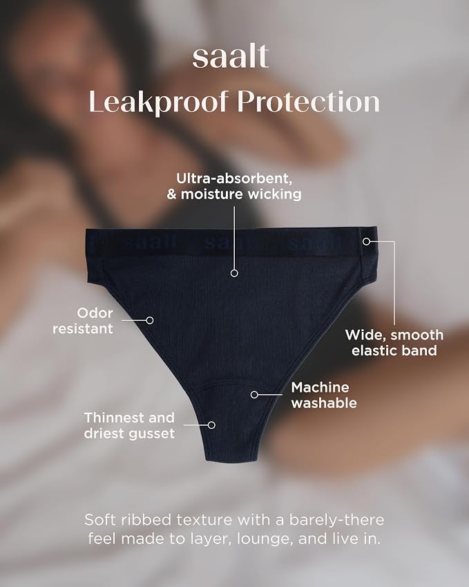 saalt Leakproof Cotton Rib High Rise Period Thong – Period Underwear, Light Absorbency, Replaces 1 Liner or 2 Light Tampons