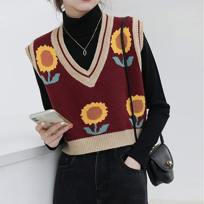 Women's Sweater Vest,Y2K Sleeveless Pattern Preppy Style Knitted Crop Tank Top for Girl