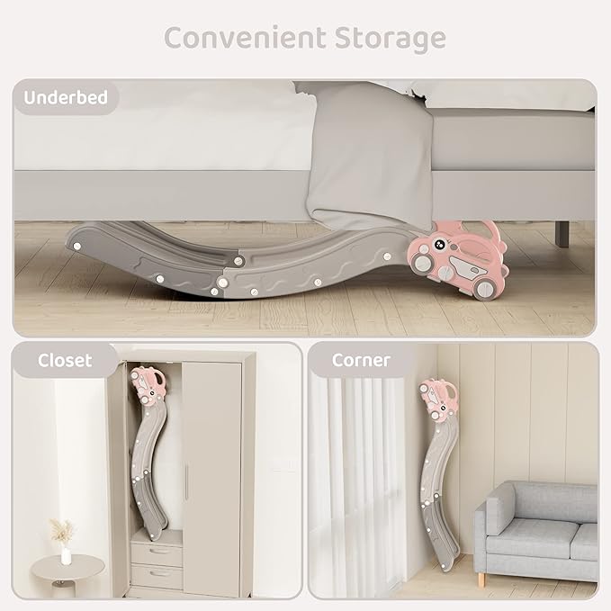 Indoor Kids Baby Couch Slide for Toddler 1-3, Sofa Slide Add-on Attachment for Bed Nugget Playgrounds, with Secure Base Guardrail, Gentle Slope Extended Buffer Zone, Fun Car Design, Pink
